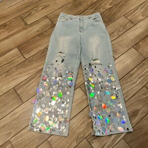 AKIRA Light Blue Holographic Flare Jeans